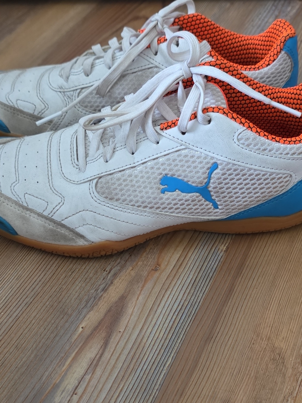 Futsal White Sneakers with Blue Logo and Orange Lining Indoor Soccer